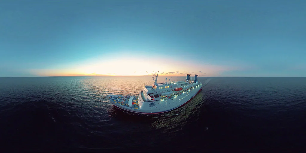 A cruise ship filmed from the air in Sochi